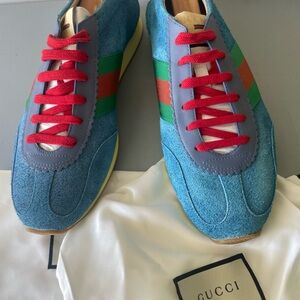 Gucci Blue Suede Sneakers with Red Laces and Green/Orange Web Stripe